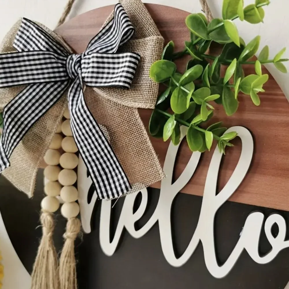 Hello Rustic Farmhouse Welcome Sign Buffalo Check Bow Wood Tassel Beads 11.8